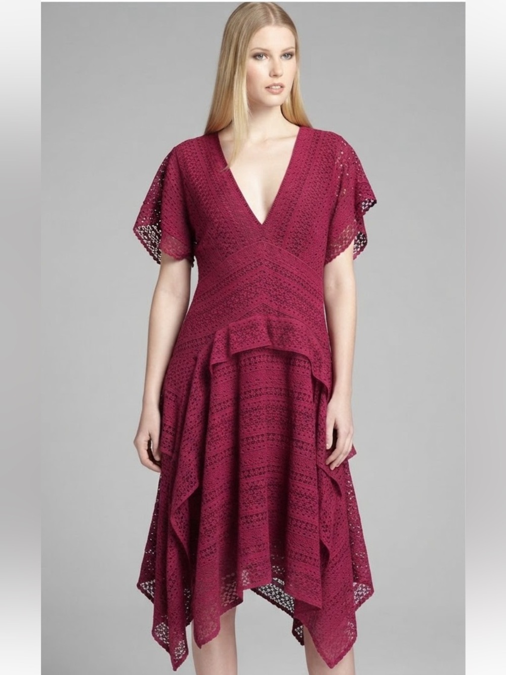 NWT BCBGMAXAZRIA "Juliete" Deep Cranberry Lace Midi Dress Size L Rare